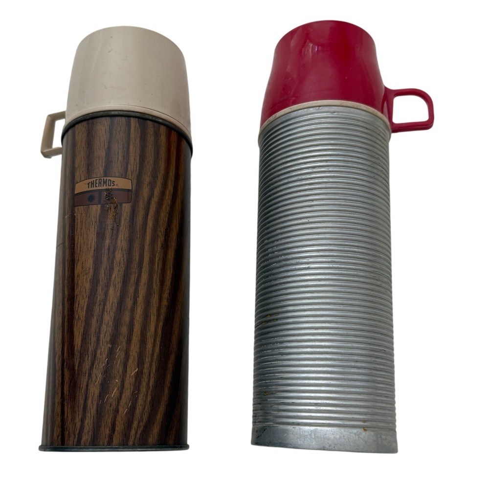 Thermos Vintage Vacuum Bottle Lot 2 Brown Faux Wood/Silver Red Top Ribbed Retro
